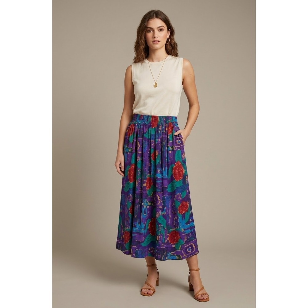 Intriguing Threads Midi Maxi Skirt Medium Purple Vintage 90s Floral‎ Rose Modest